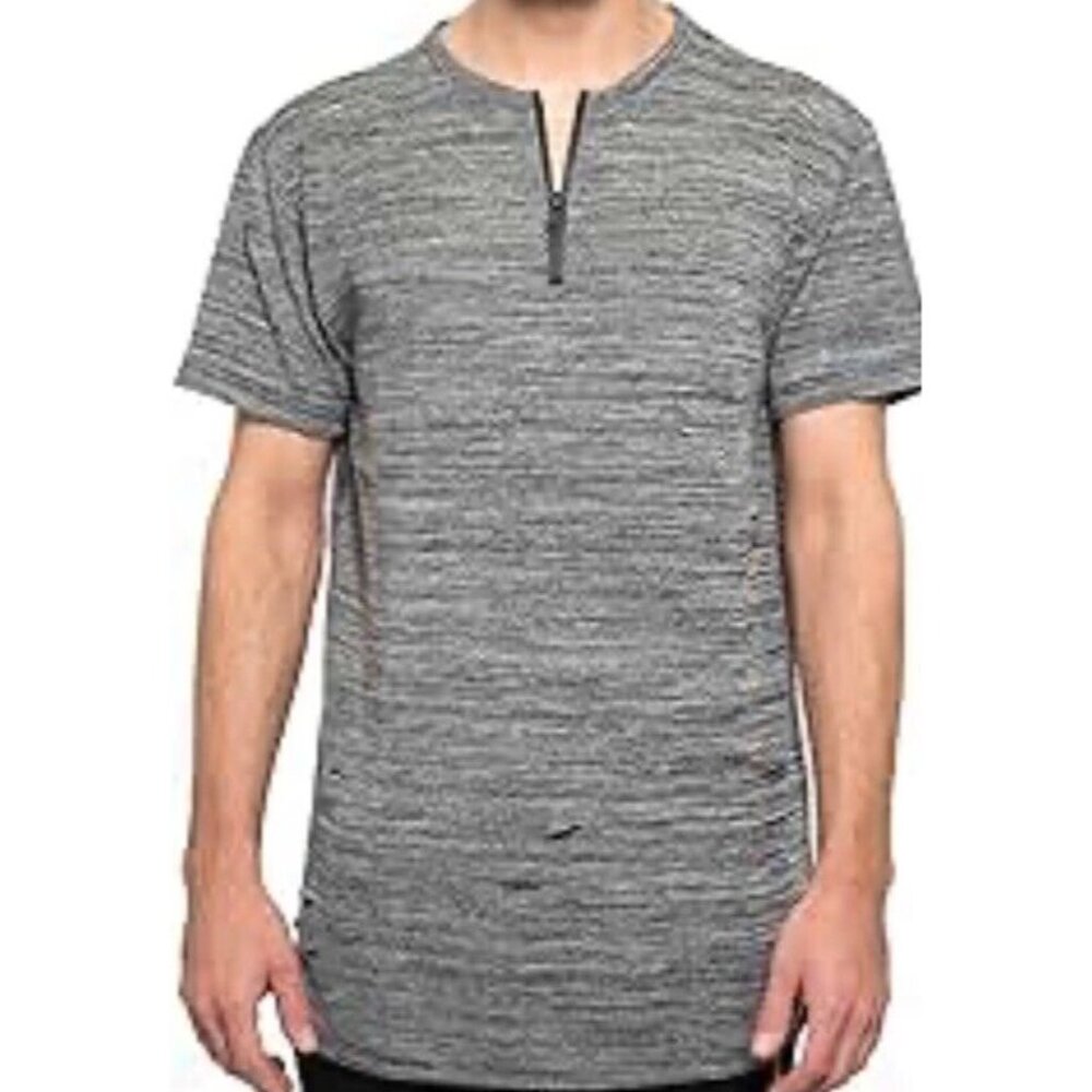 Bleeker & Mercer Gray Marled Ripped Short Sleeve 1/4 Zip Shirt Size Medium
